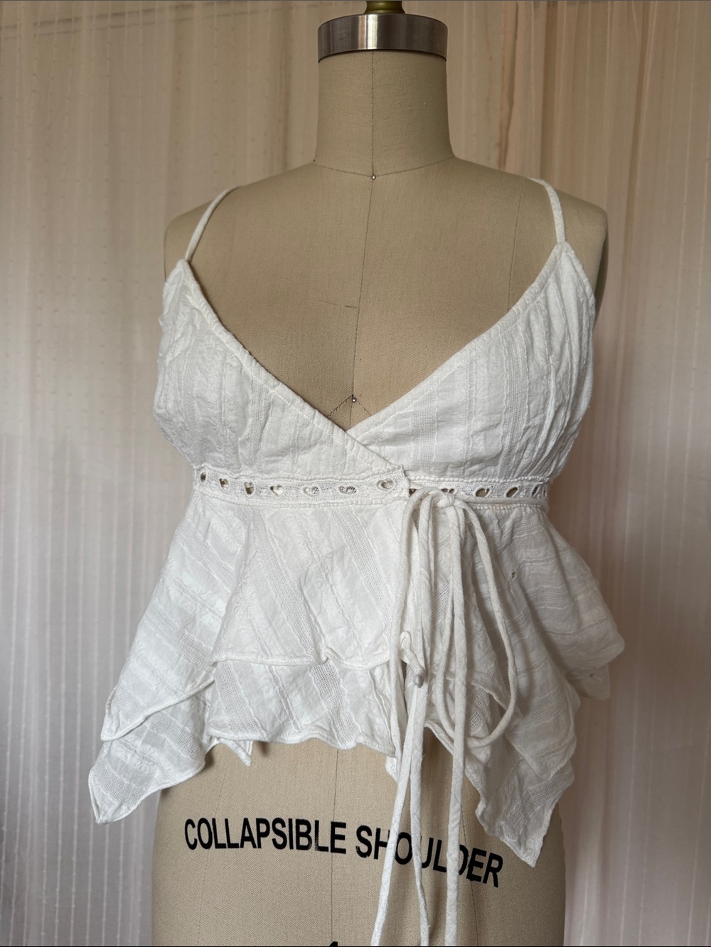 White Textured Tie-Front Spaghetti Strap Top